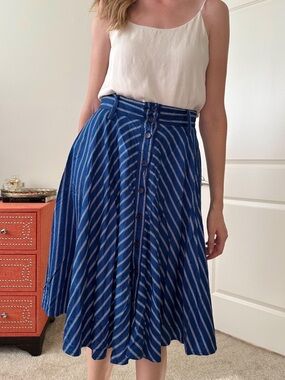 Blue Cotton Nautical Stripe Vintage Button Front Midi Skirt